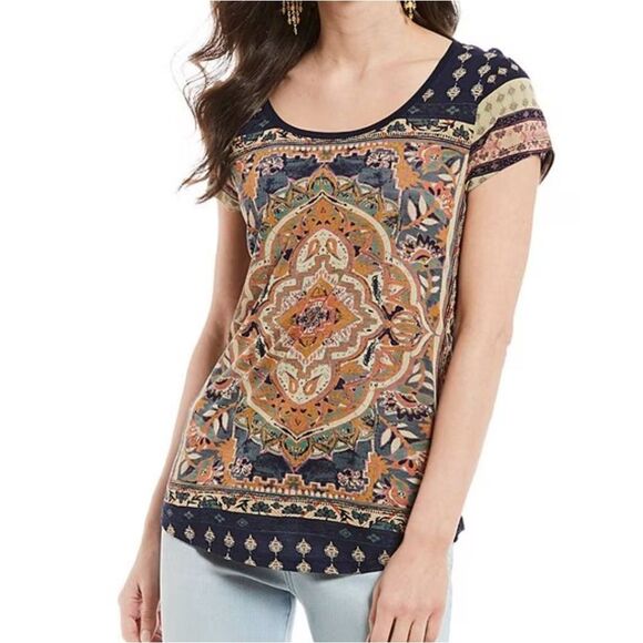 Lucky Brand Persian Carpet Graphic Scoop Neck Short Sleeve Tee Casual Knit Shirt - Picture 2 of 12